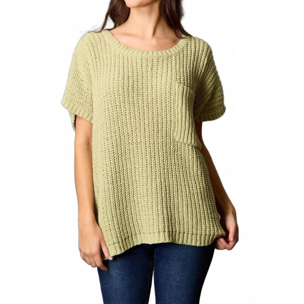 NEW BEFORE YOU chenille knit short sleeve sweater top in matcha